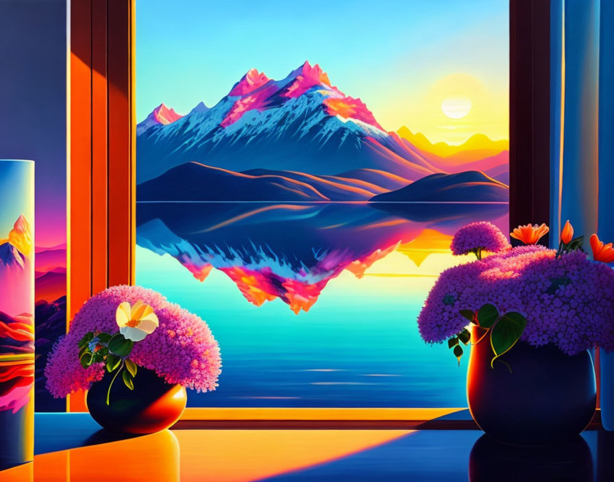 Colorful sunset over mountain landscape reflected in lake from window with flowers.