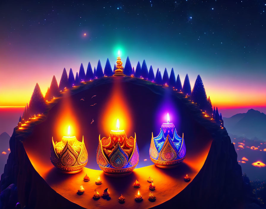 Colorful digital artwork of glowing temple on hill under starry sky