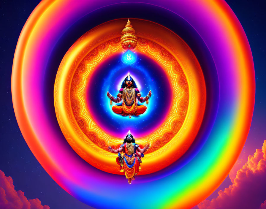 Cosmic deities in vibrant artwork with multicolored auras