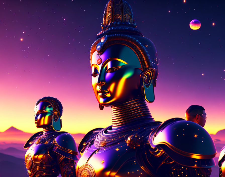 Futuristic robotic Buddha statues in purple sunset sky