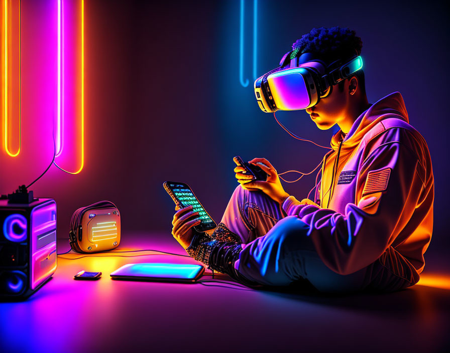 Person with VR headset and game controller in neon-lit room with vintage radio and smartphone