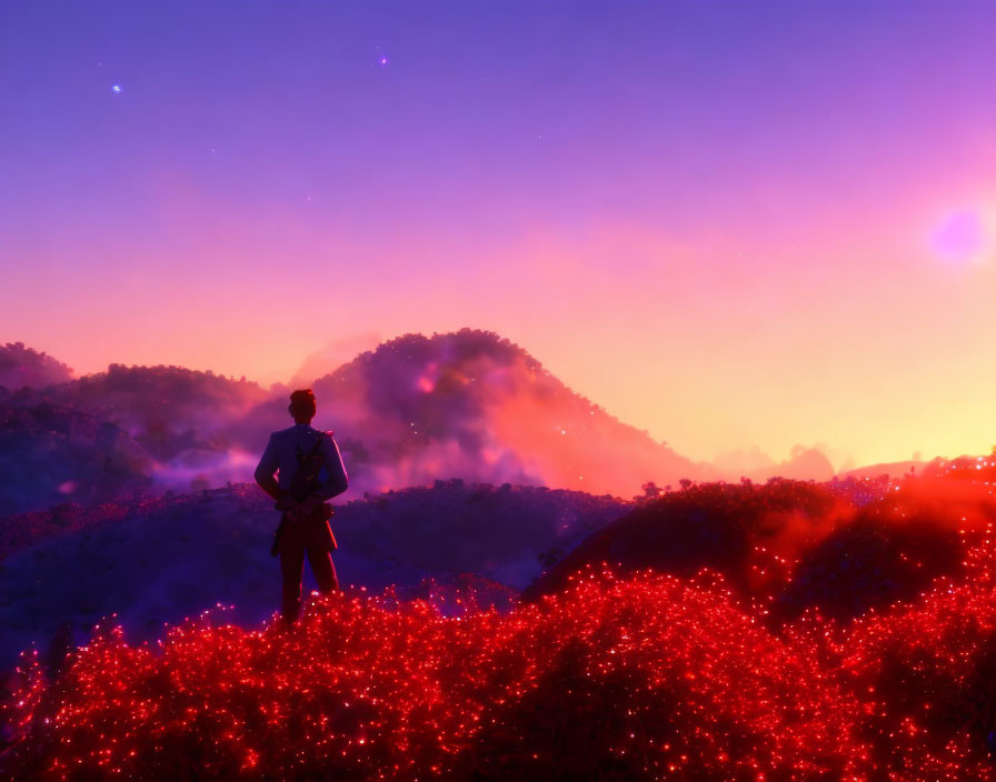 Figure in Red Foliage Under Purple Starry Sky