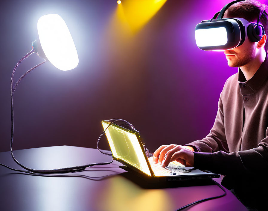 VR user with ring light and glowing laptop in dimly lit room