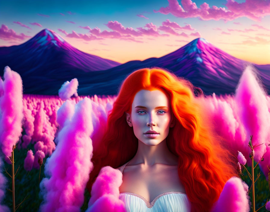 Vibrant red-haired woman in pink plants with purple mountains and colorful sunset