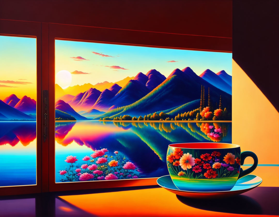 Digital Art: Sunset Mountain Landscape Reflection with Teacup