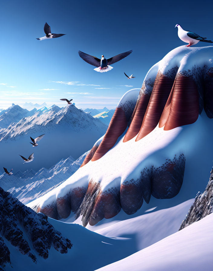 Surreal image of giant hand mountains and birds