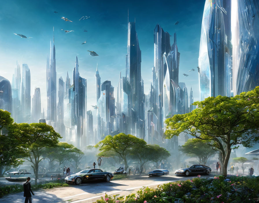 Futuristic cityscape with skyscrapers, flying vehicles, and lush greenery