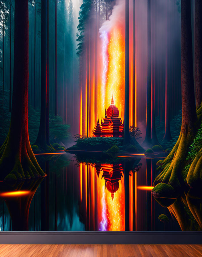 Mystical forest scene with glowing portal and Buddha statue reflected in water