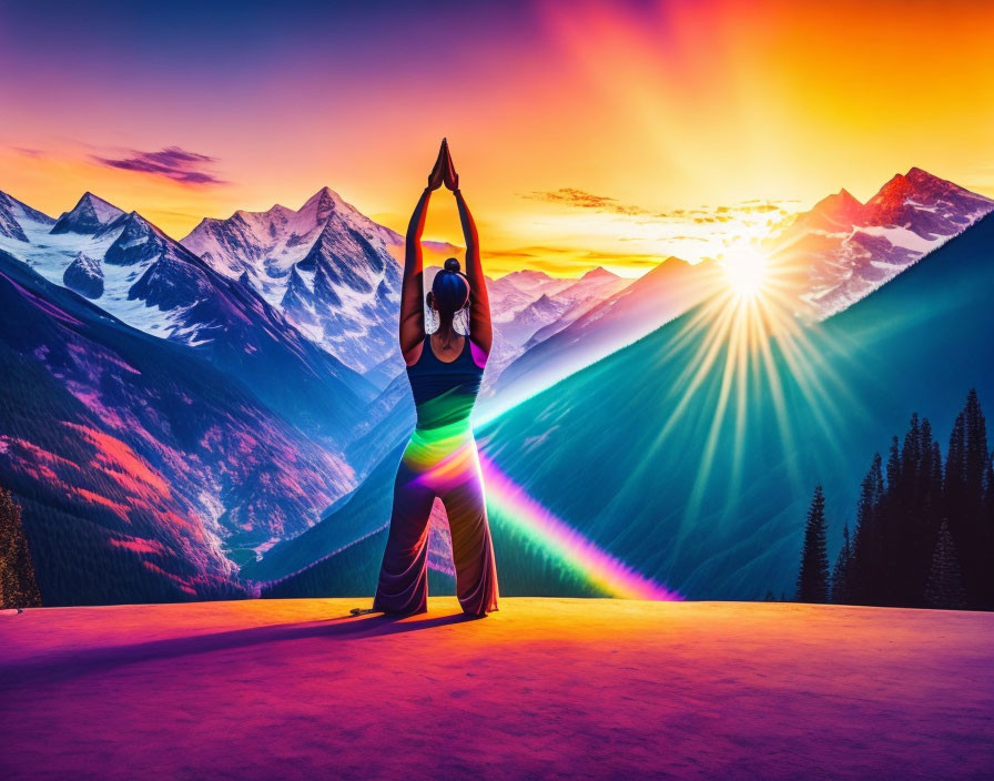 Yoga Pose on Mountain Peak at Sunrise