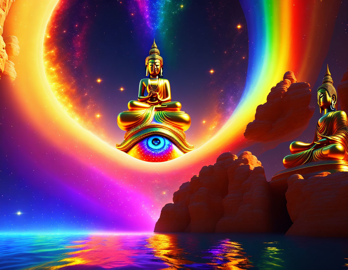 Digital art: Golden Buddha statues levitating over water with cosmic eye and rainbow