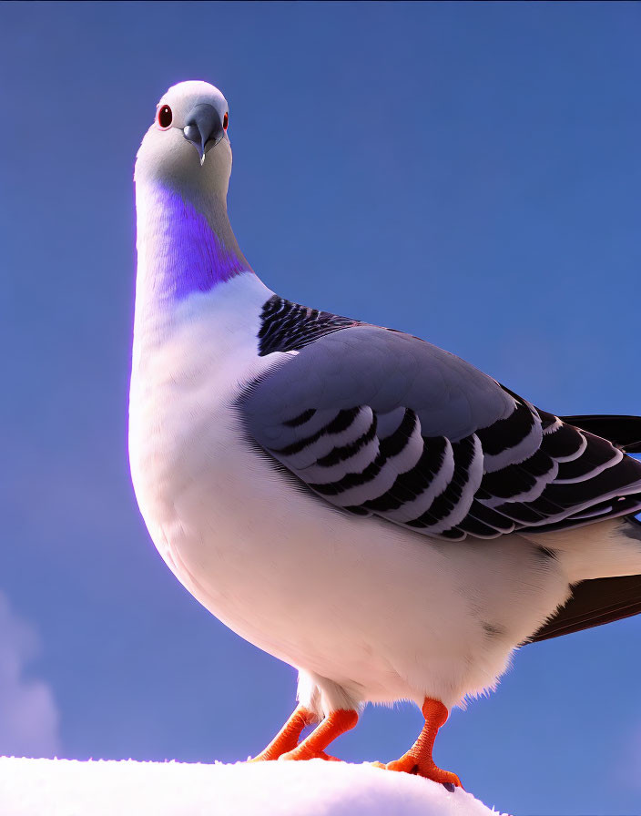 Pigeon with white body, blue neck, black striped wings on white surface against blue sky