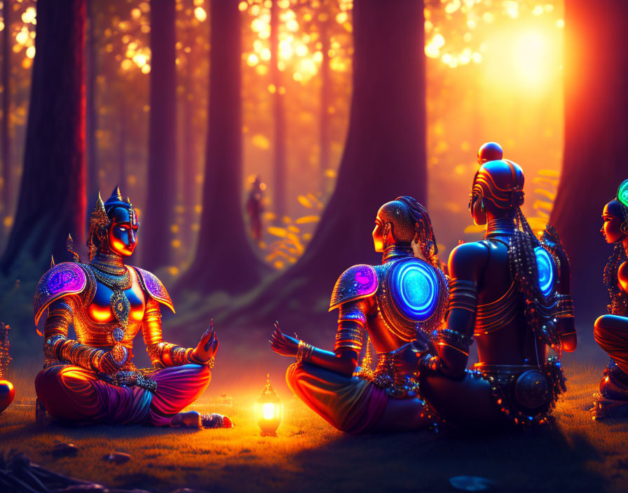 Futuristic robots meditate in mystical forest