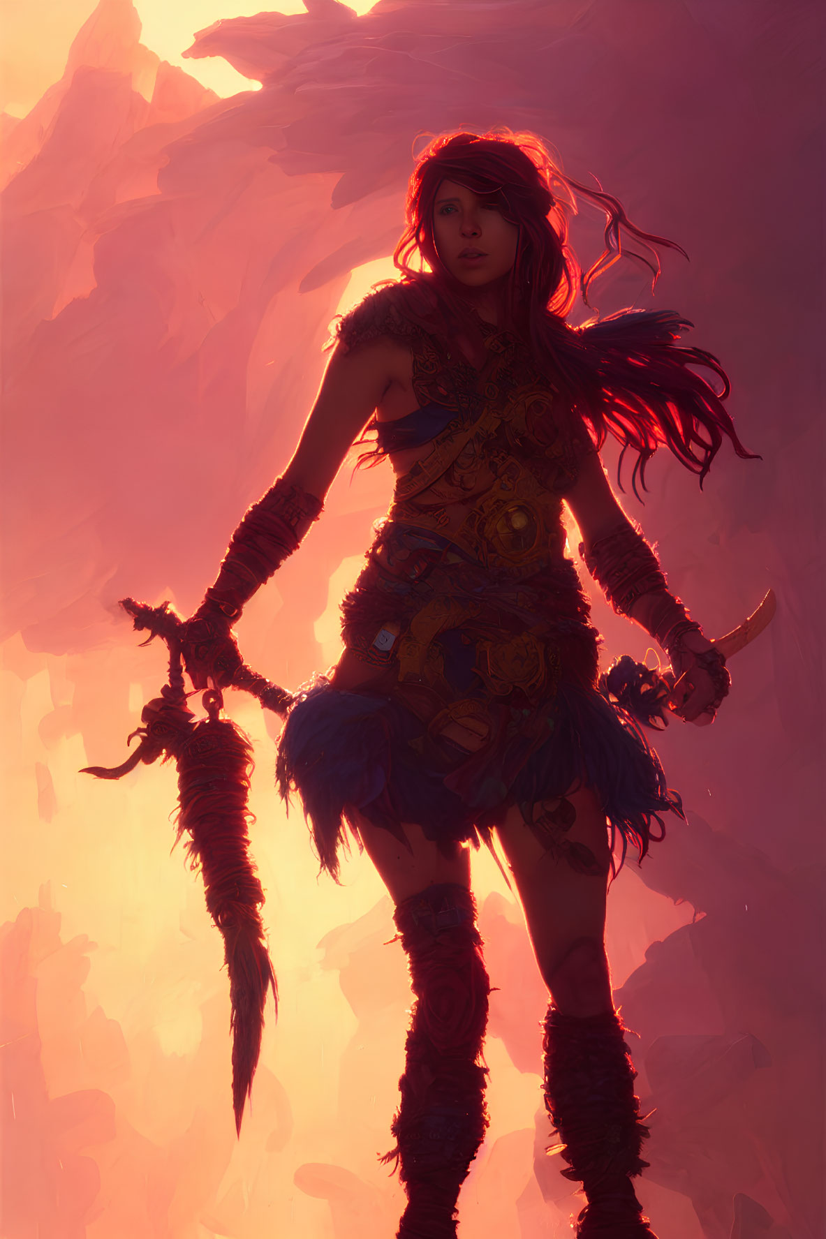 Red-haired warrior woman in tribal armor with weapons and dramatic backlight