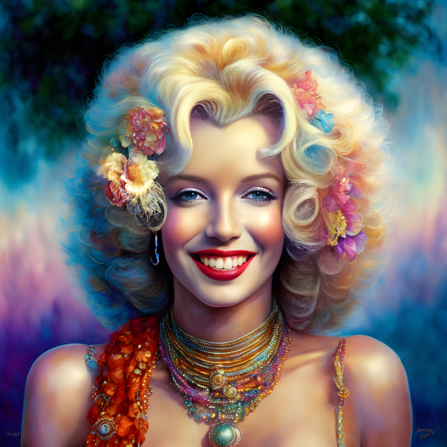 Colorful portrait of a smiling woman with curly blonde hair and floral hair accessories.