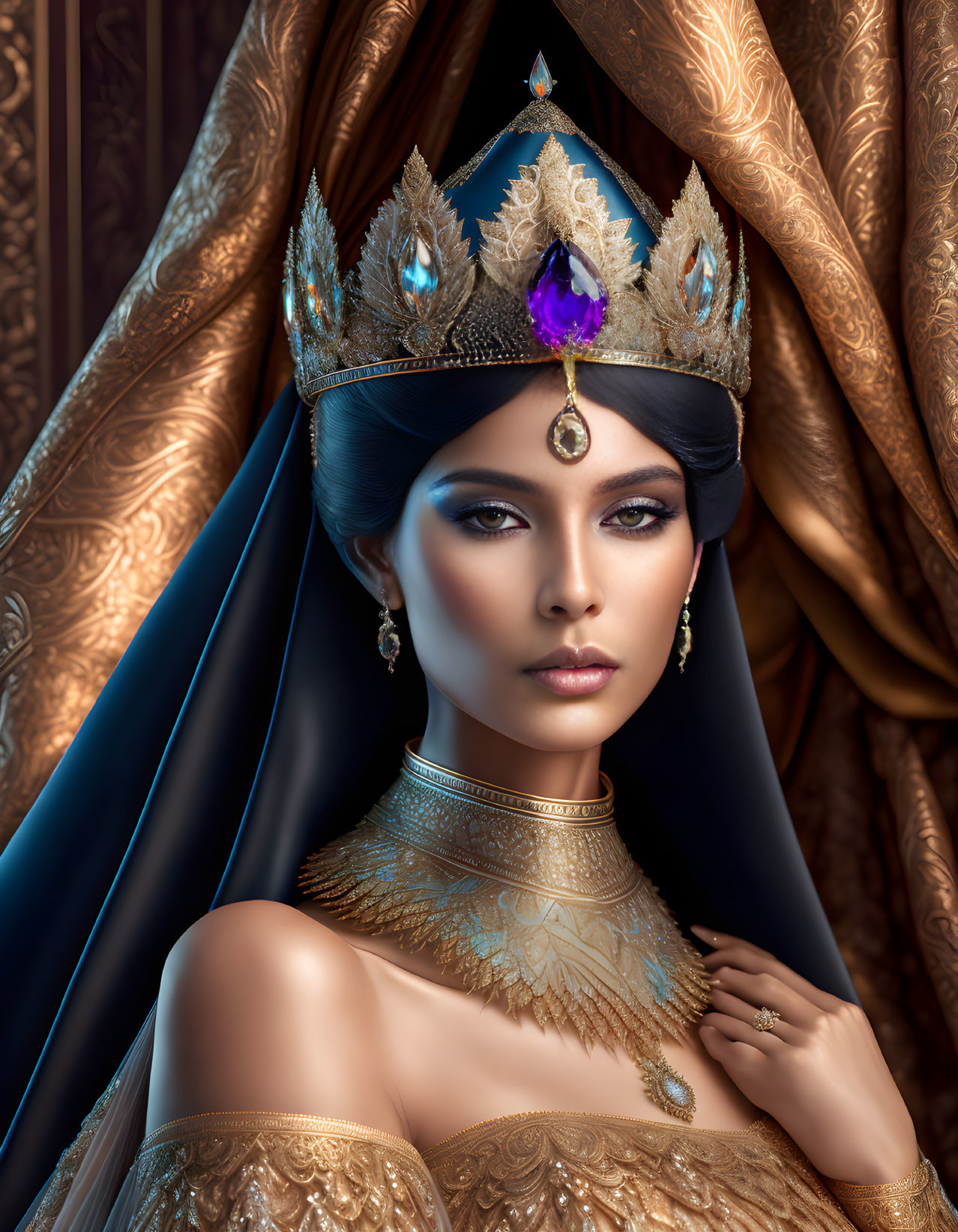 Regal woman with golden crown, purple gem, and blue veil