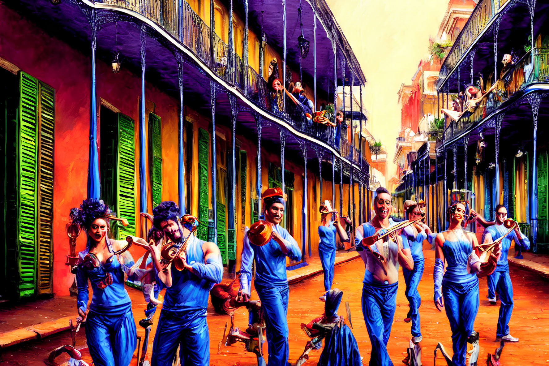 Colorful street scene with performers in blue costumes and face paint playing flutes