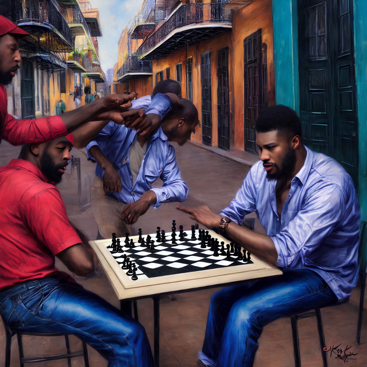 Four Men Playing Chess on Colorful Street with Spectators