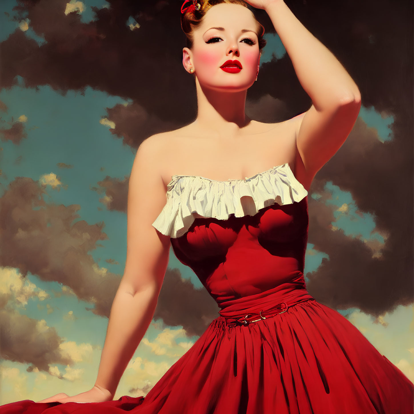 Vintage-style portrait of woman in red dress against dramatic sky.