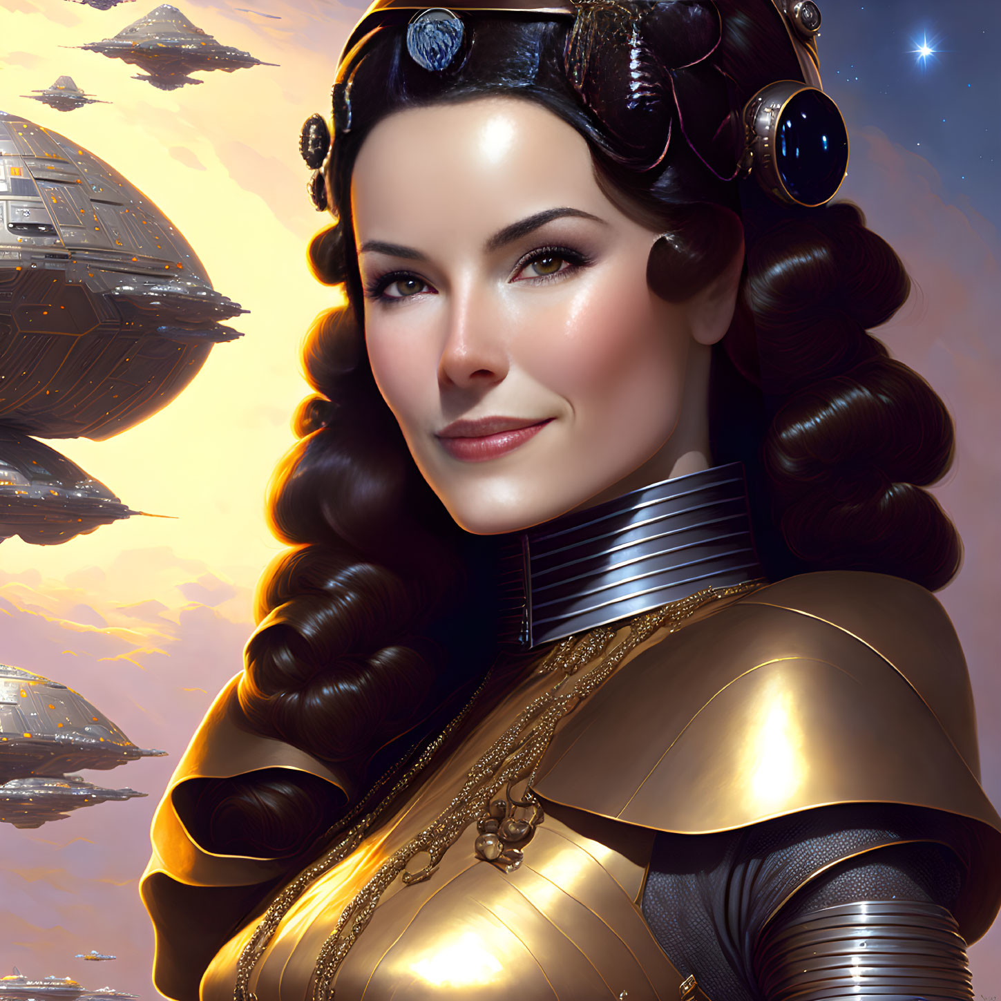 Smiling woman in futuristic gold spacesuit with princess-like hair buns