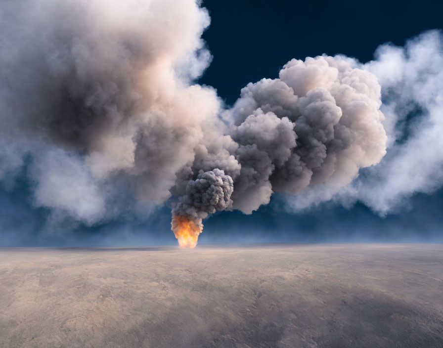 Fiery explosion with dark smoke against blue sky