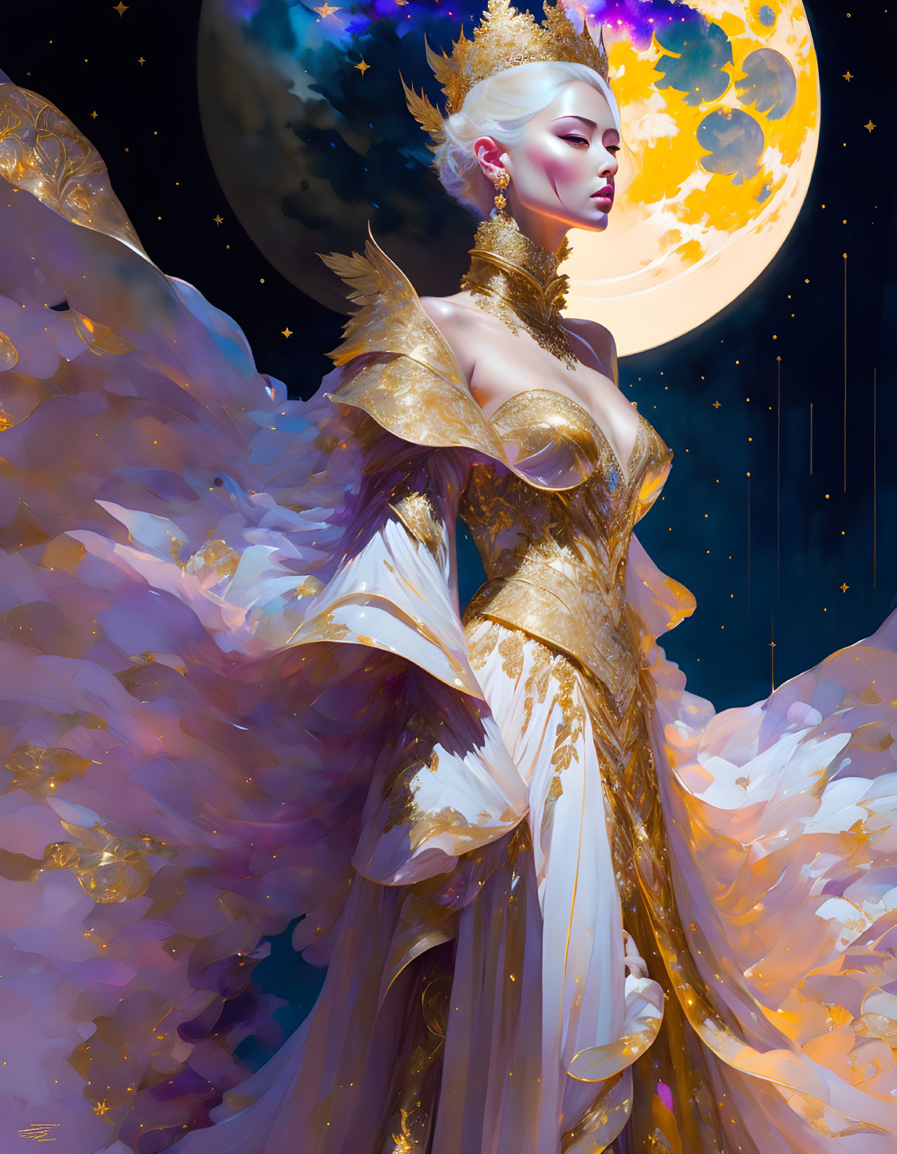 Fantasy queen with white hair and gold crown in elegant gown against starry night sky and large moon