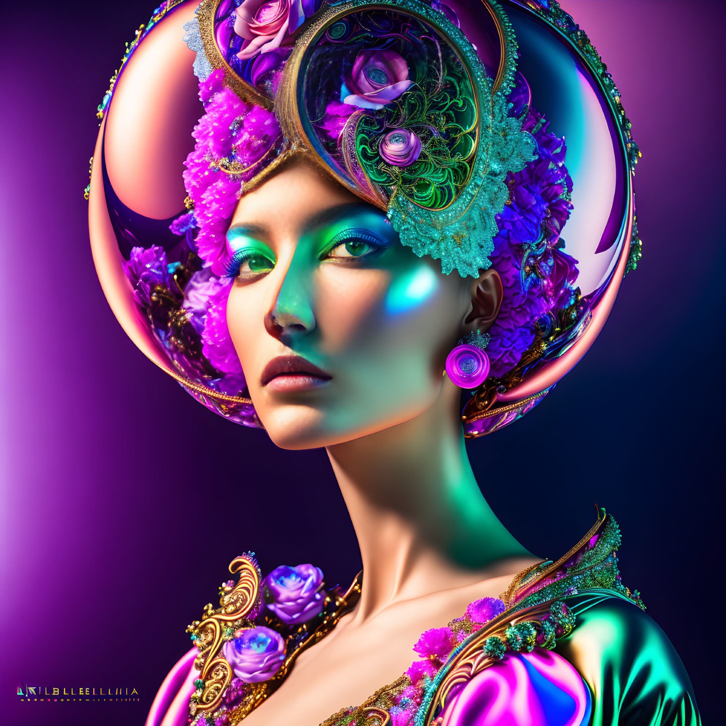 Colorful digital artwork: Woman with floral headdress on purple background