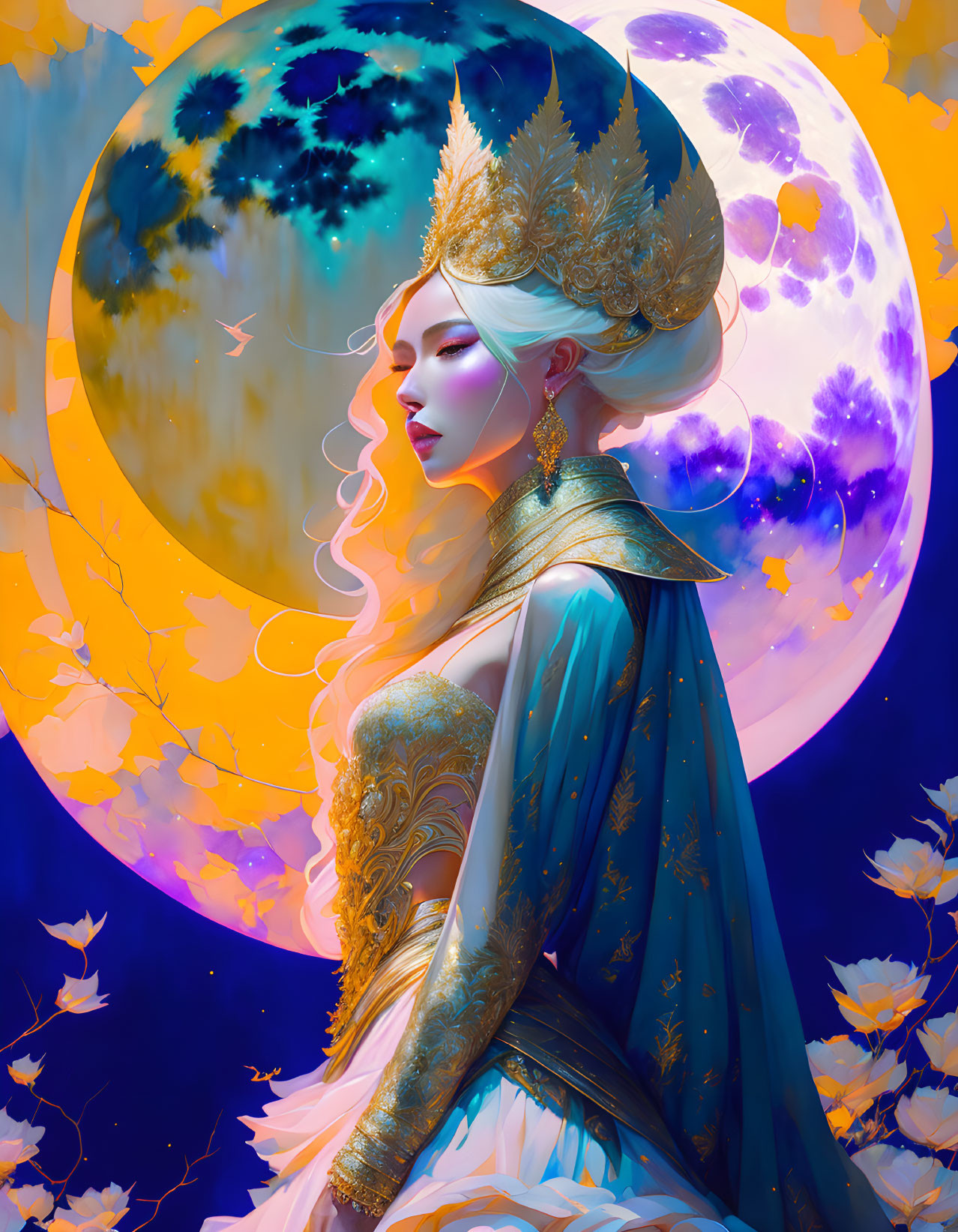 Ethereal woman in regal attire with golden crown against moon and autumn leaves