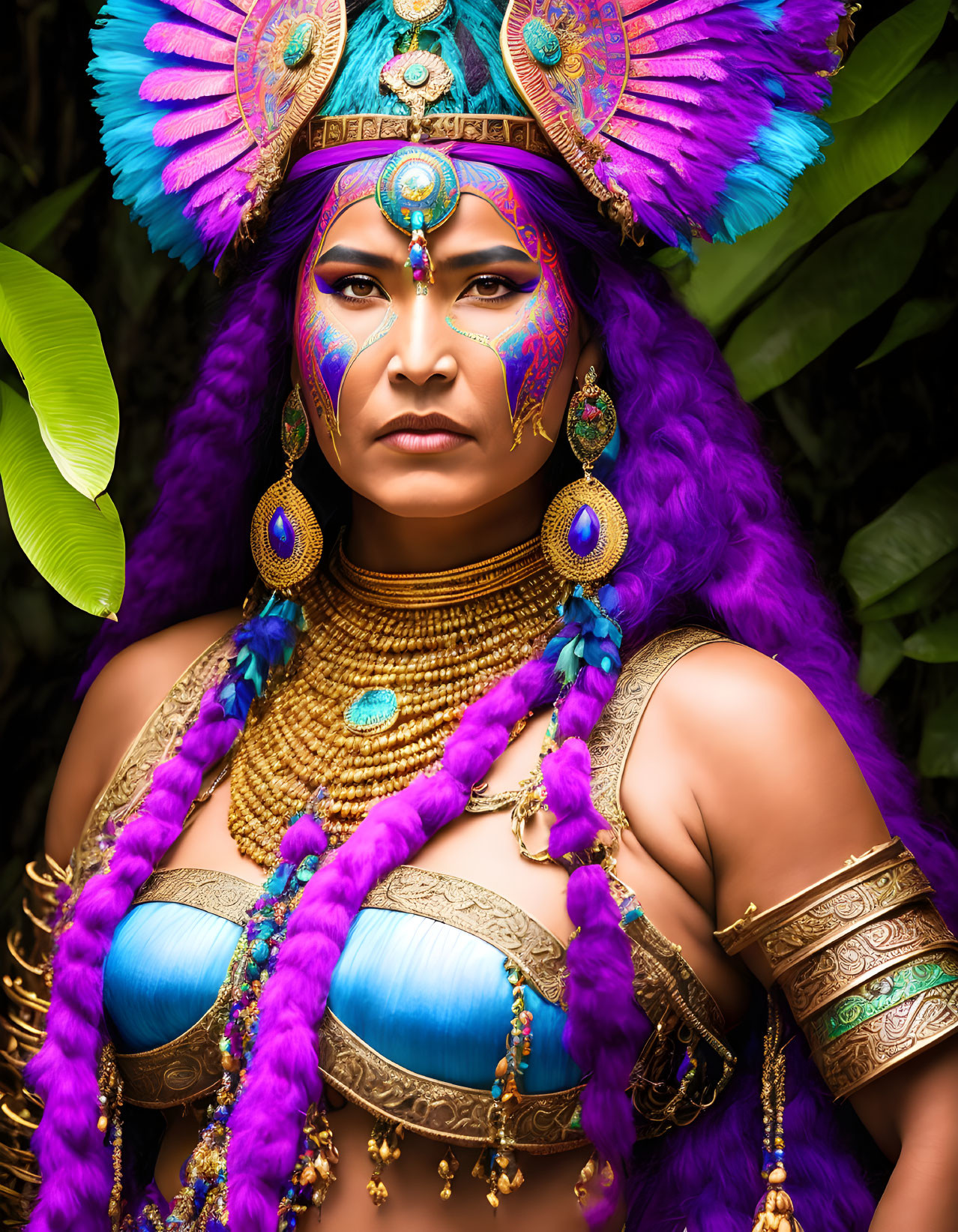 Vibrant Purple Hair Woman with Colorful Headdress and Gold Jewelry