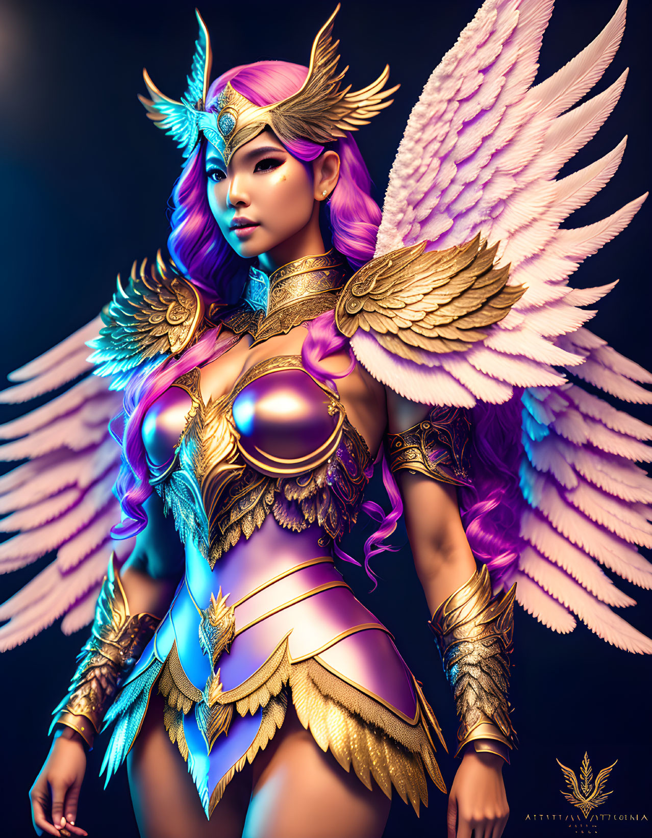 Fantasy Female Character with Purple Hair and Golden Armor