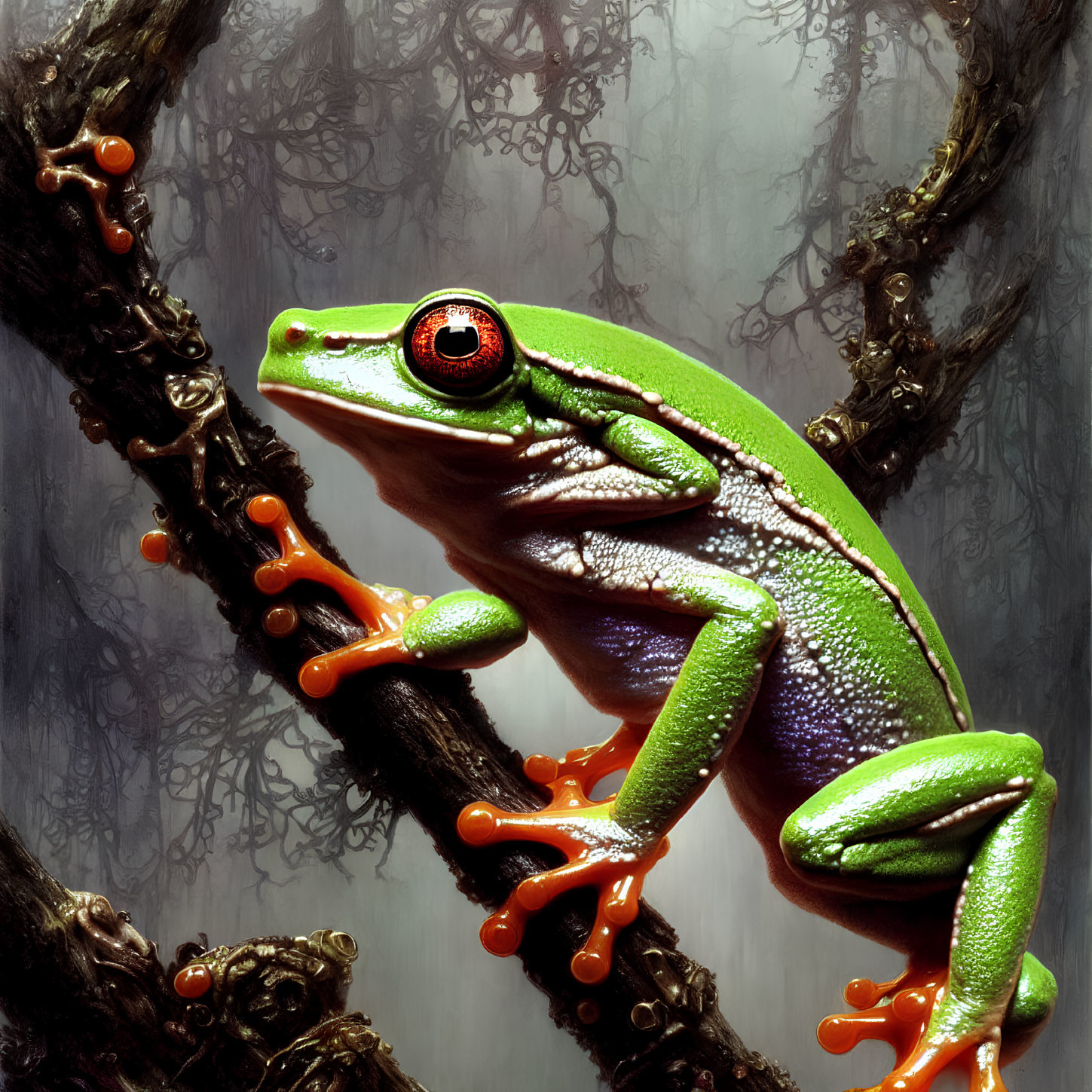 Colorful Green and Orange Tree Frog with Red Eyes on Branch