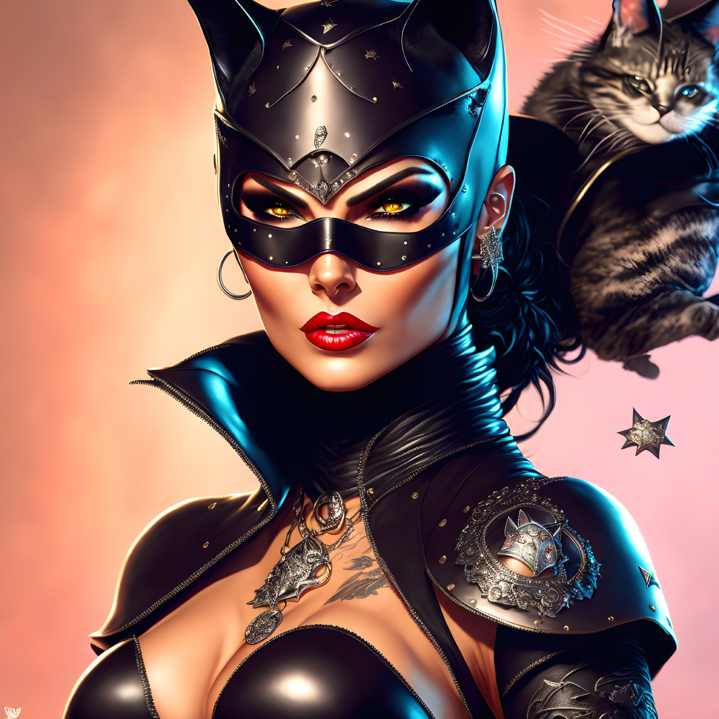 Illustration of woman in bat-themed costume with cat on peach background