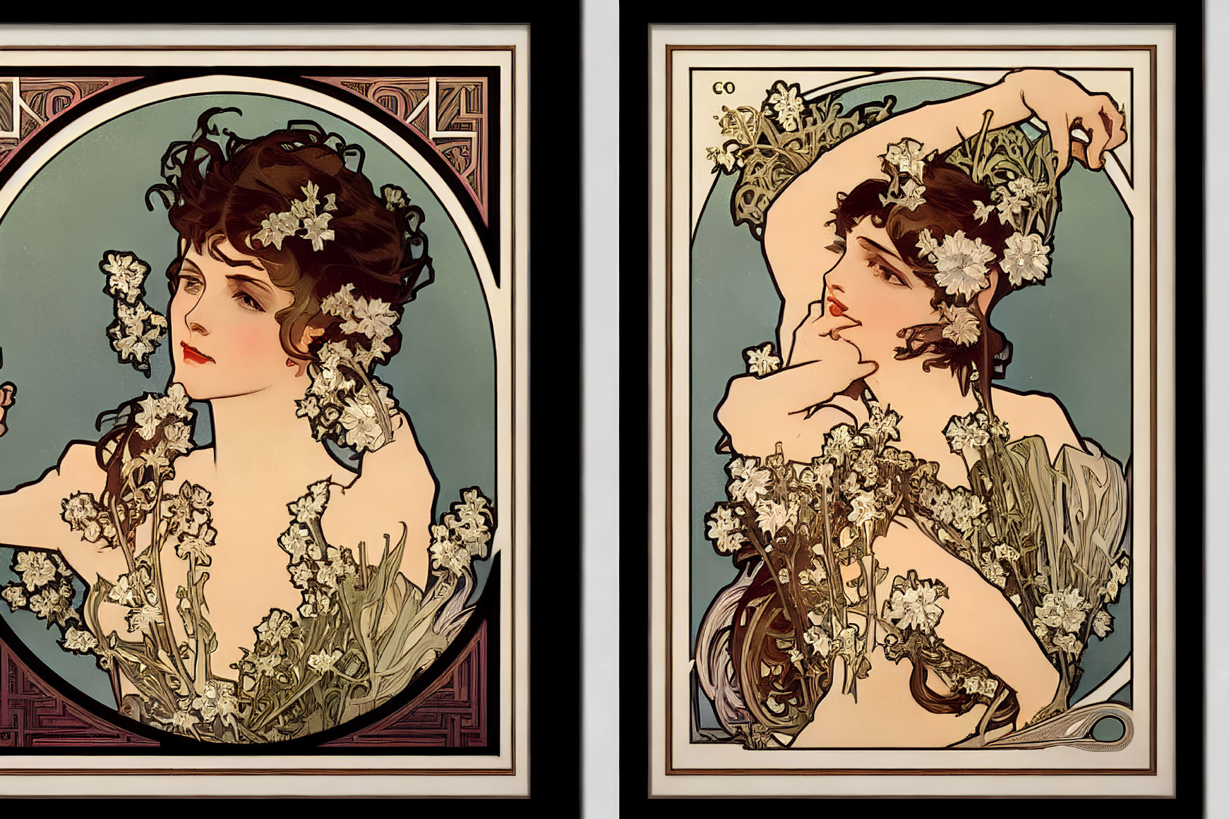 Art Nouveau Style Diptych with Woman and Floral Patterns