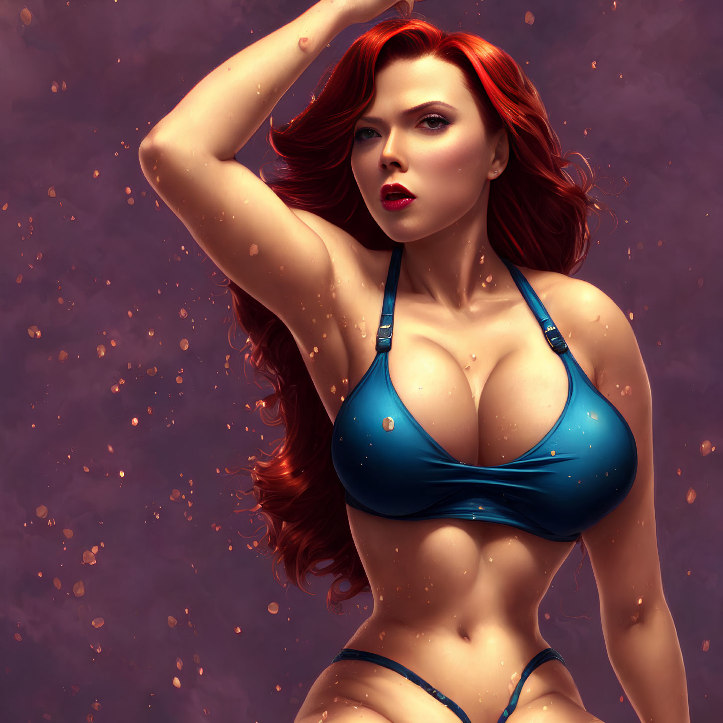 Digital artwork: Woman with red hair in blue bikini on purple background