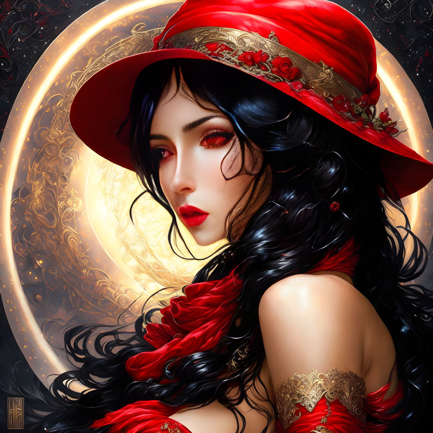 Digital portrait of elegant woman with black hair and red eyes in red and gold attire against ornate backdrop