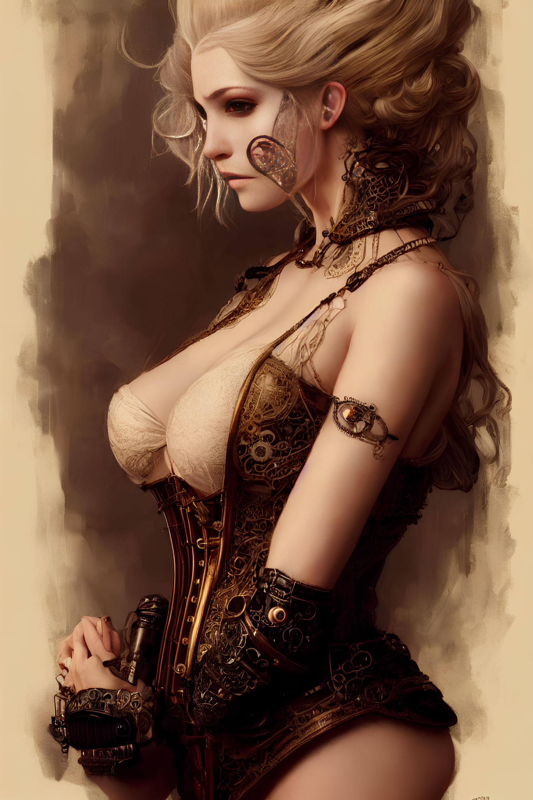 Steampunk-style woman with mechanical prosthetic and intricate jewelry.