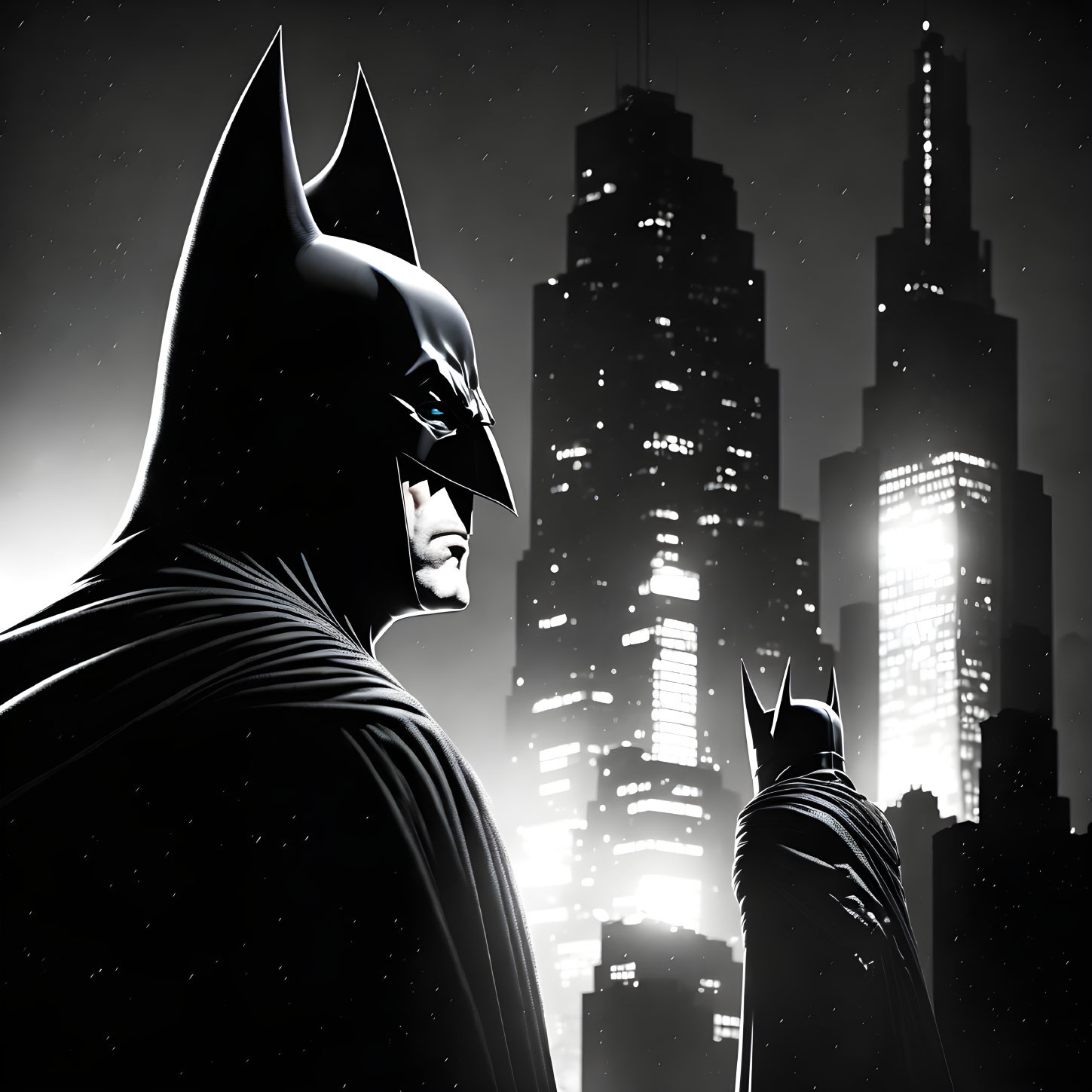 Brooding Batman silhouette against cityscape at night