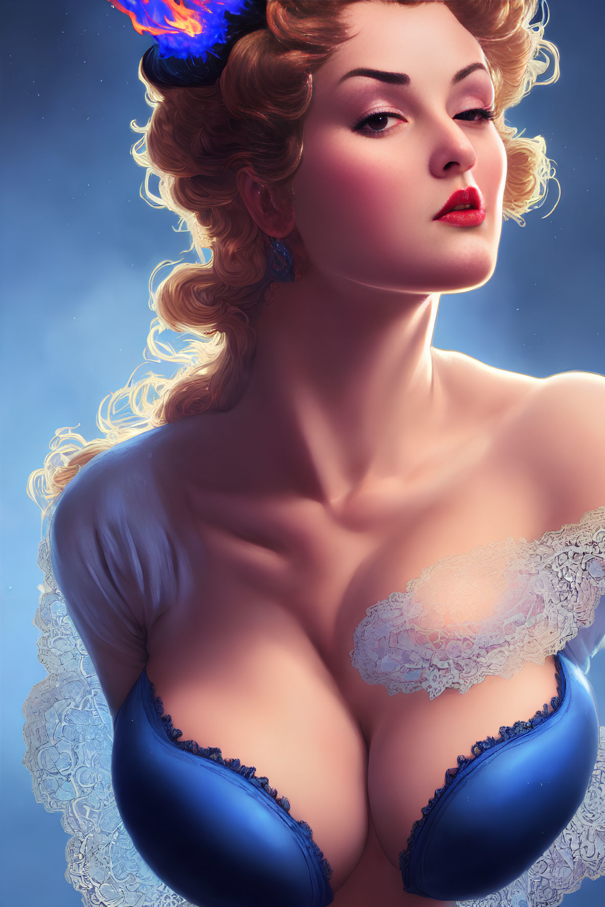 Illustrated portrait of a woman with blonde curls and red lipstick in blue lace corset.