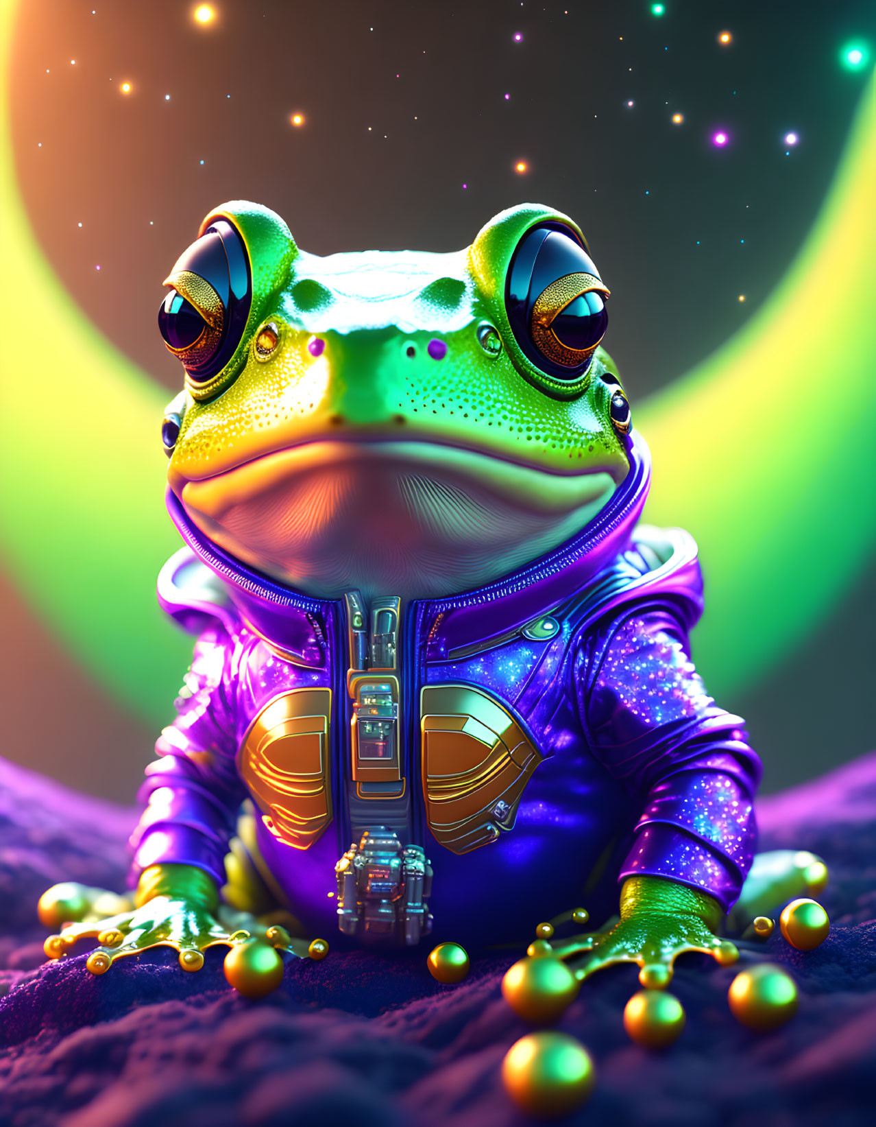 Colorful stylized frog in futuristic spacesuit on ethereal space backdrop