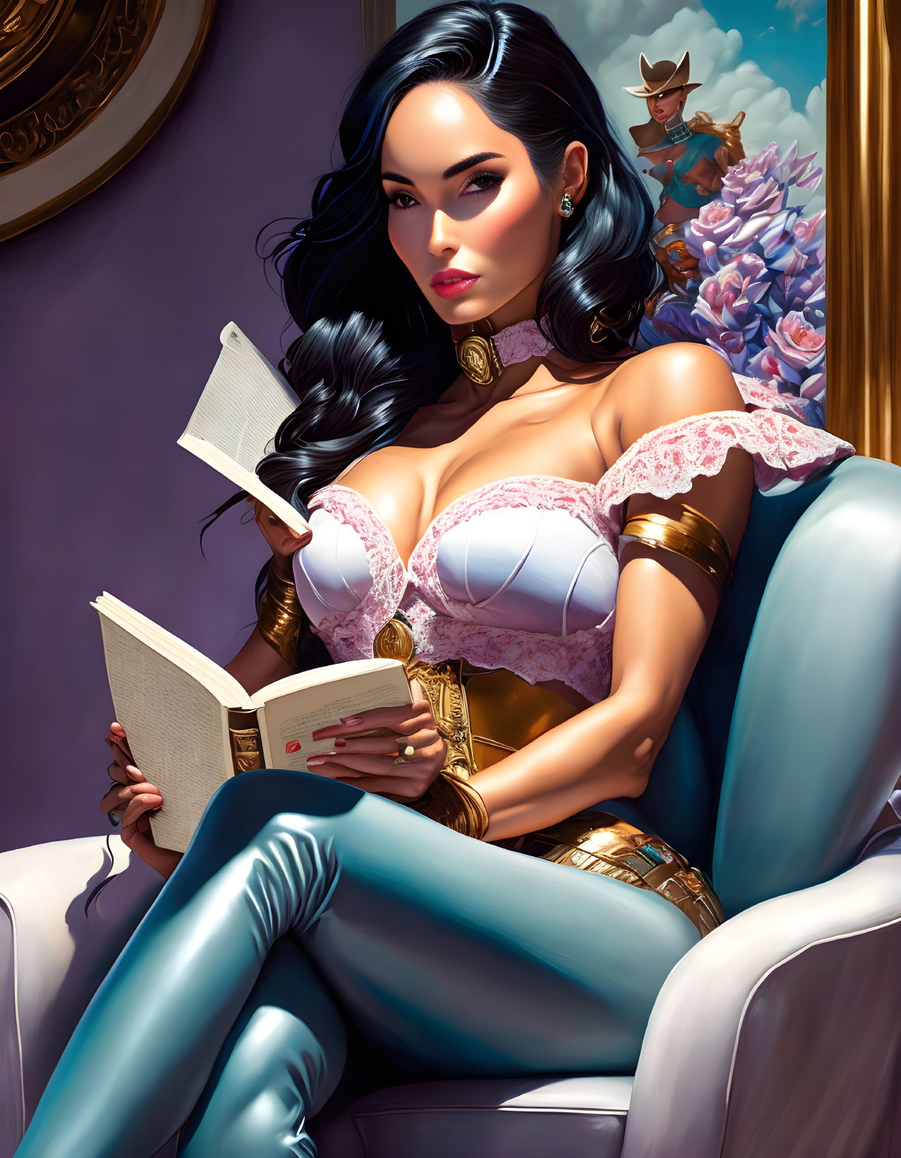 Stylized digital artwork of woman reading book in fantasy costume