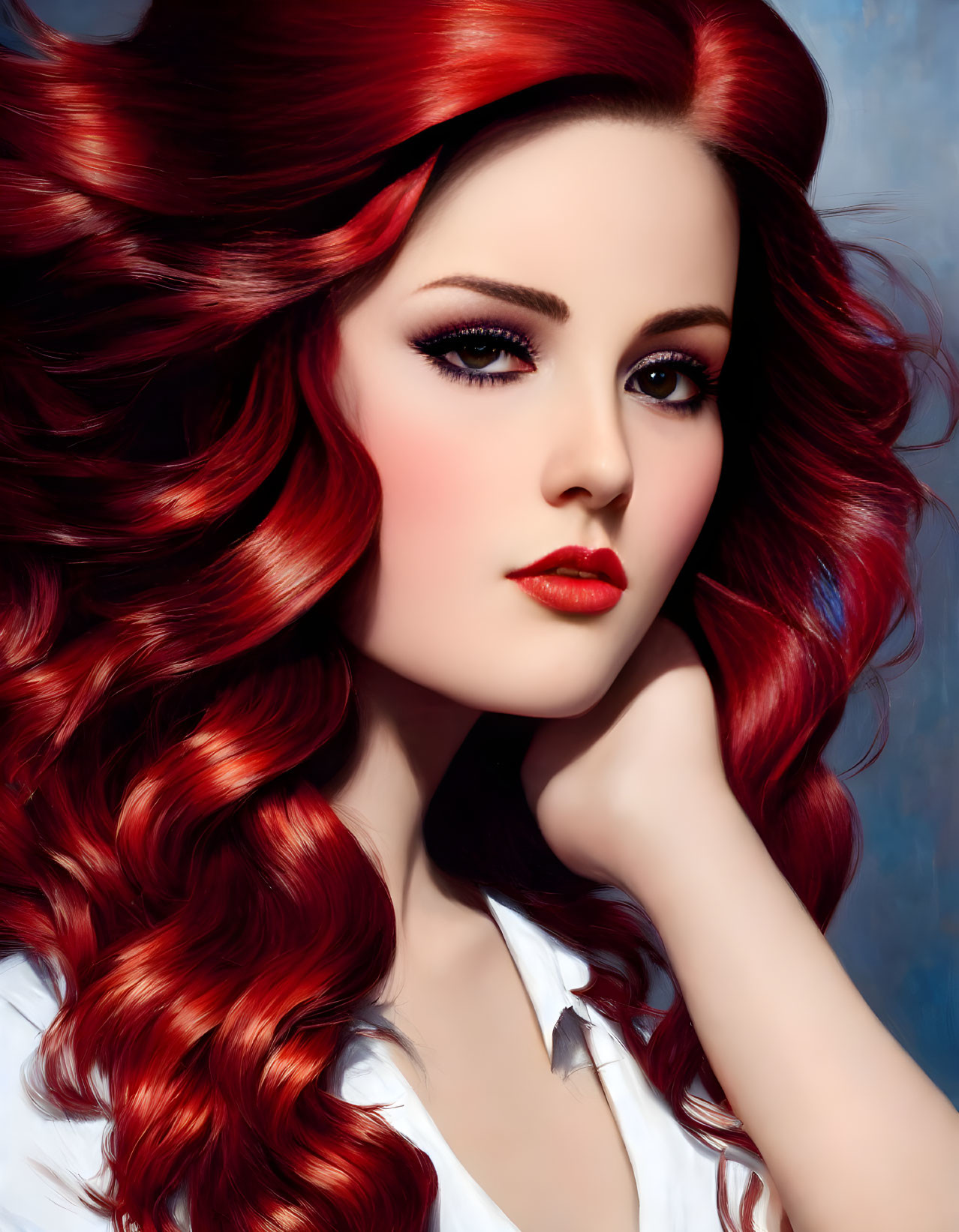 Portrait of Woman with Vibrant Red Hair and Striking Makeup