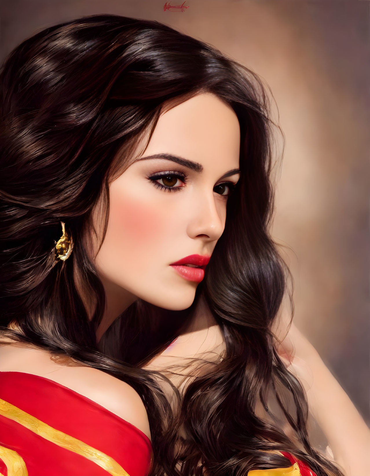 Digital portrait of woman with dark wavy hair, red lipstick, and off-shoulder dress in