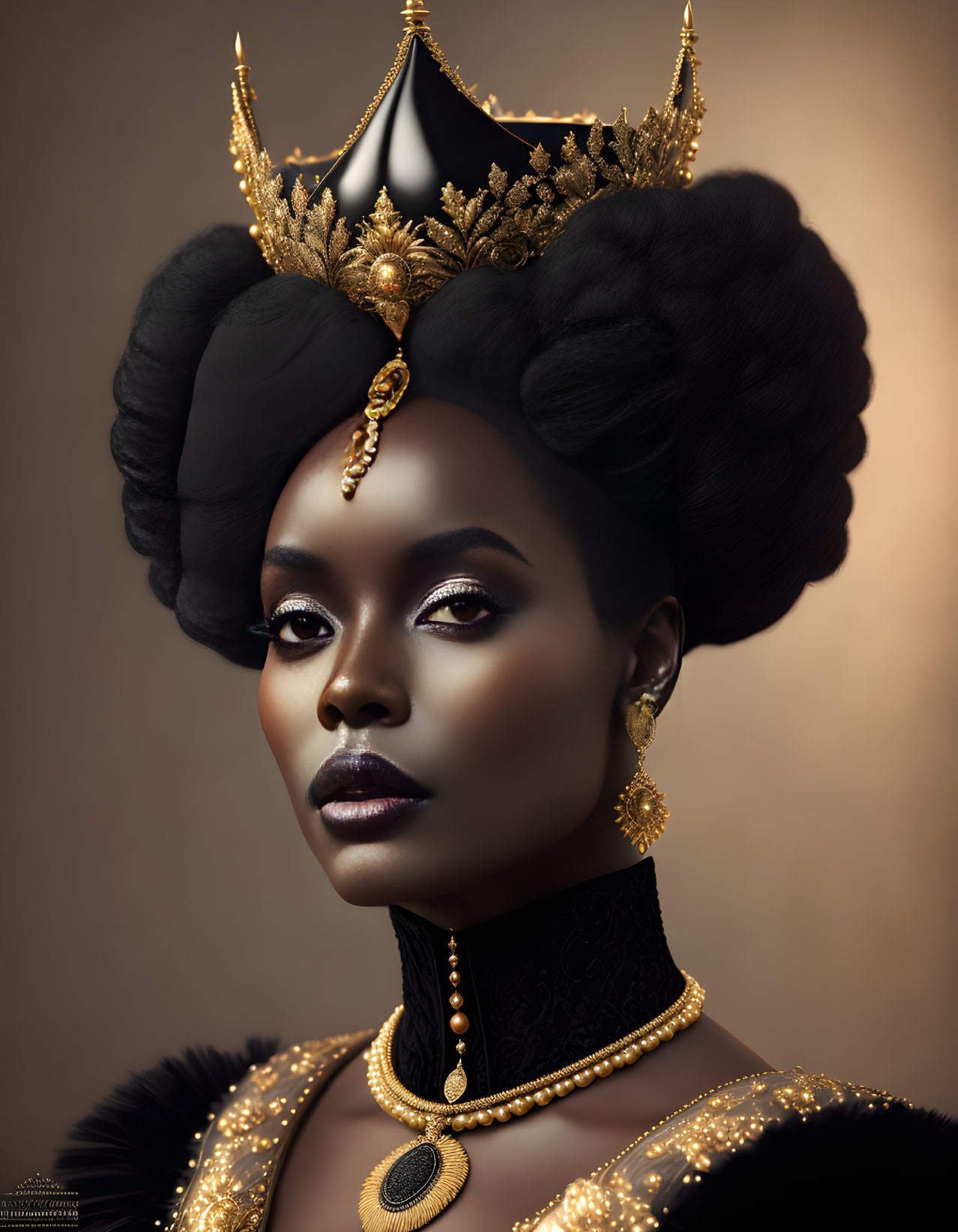 Elegant woman in golden crown and jewelry portrait