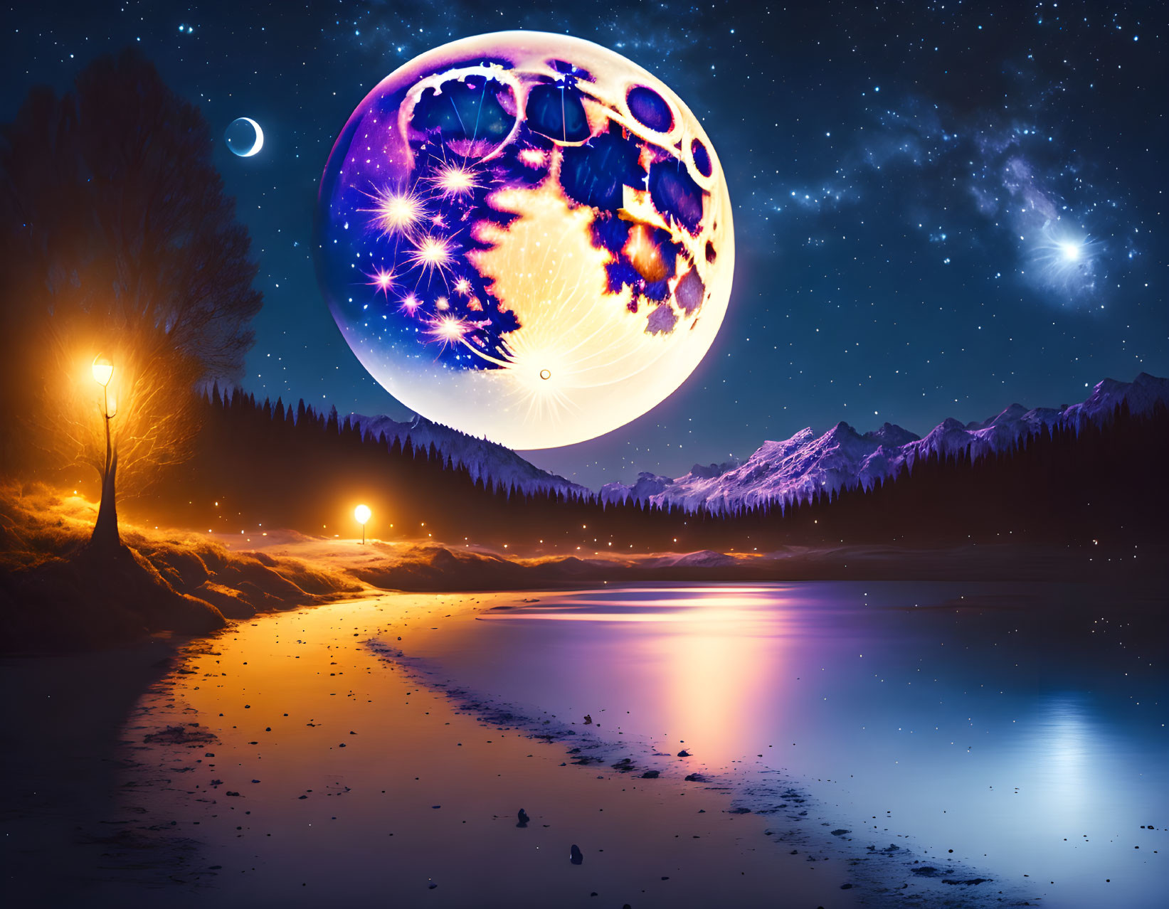 Colorful planet, lamp post, lake, mountains under starry sky