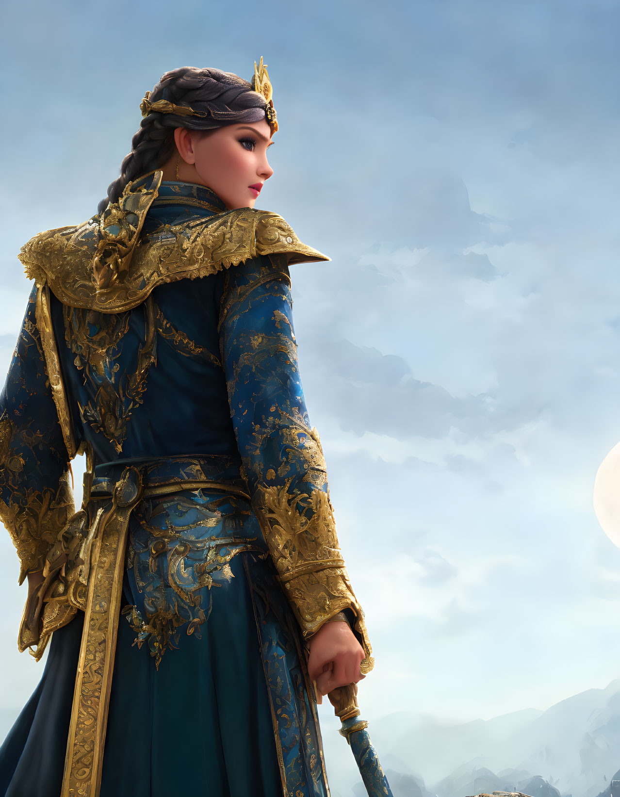 Regal figure in blue and gold outfit against cloudy sky and mountains