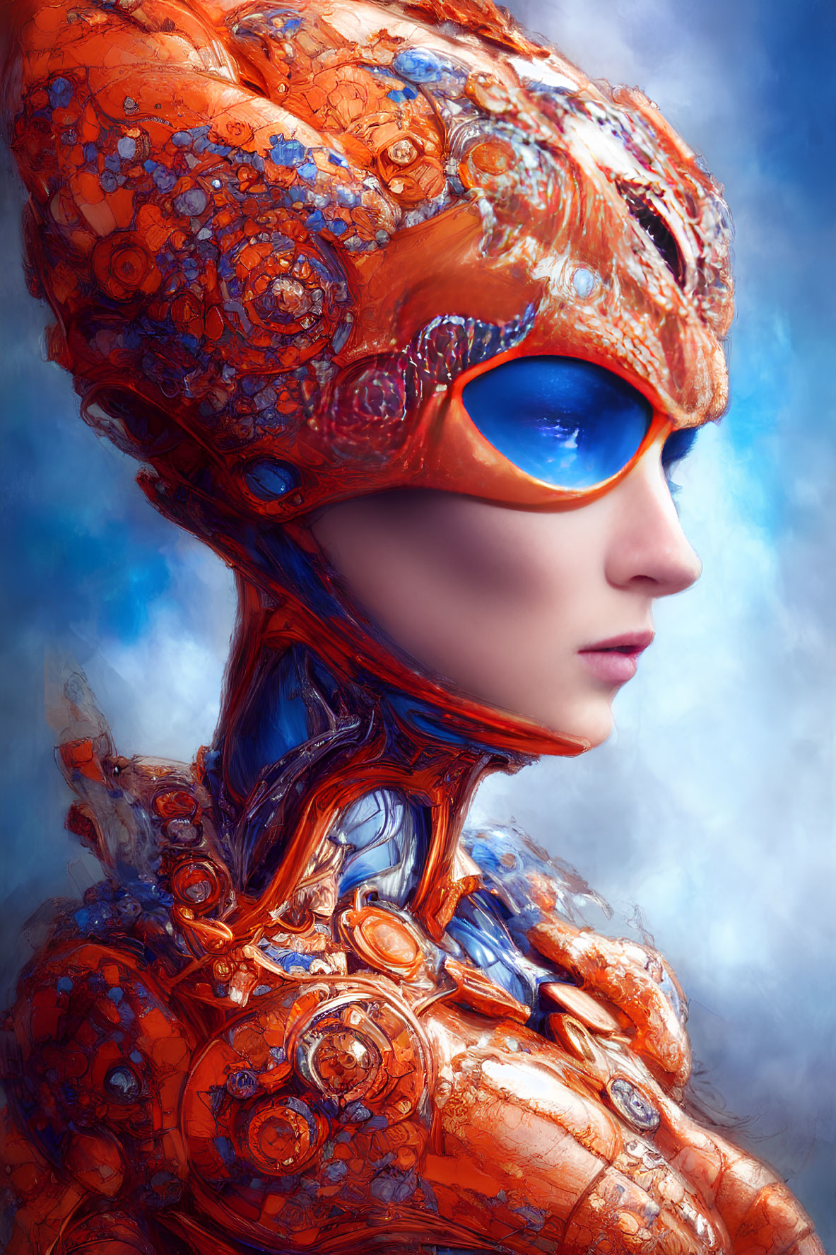 Futuristic orange and blue outfit with intricate patterns on hazy blue background