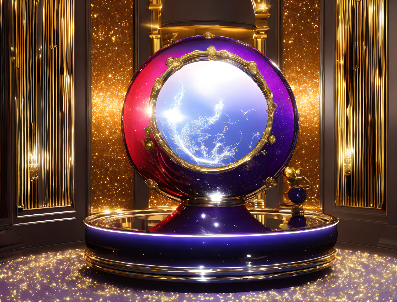 Luxurious Futuristic Crystal Ball with Lightning in Gold Encasement