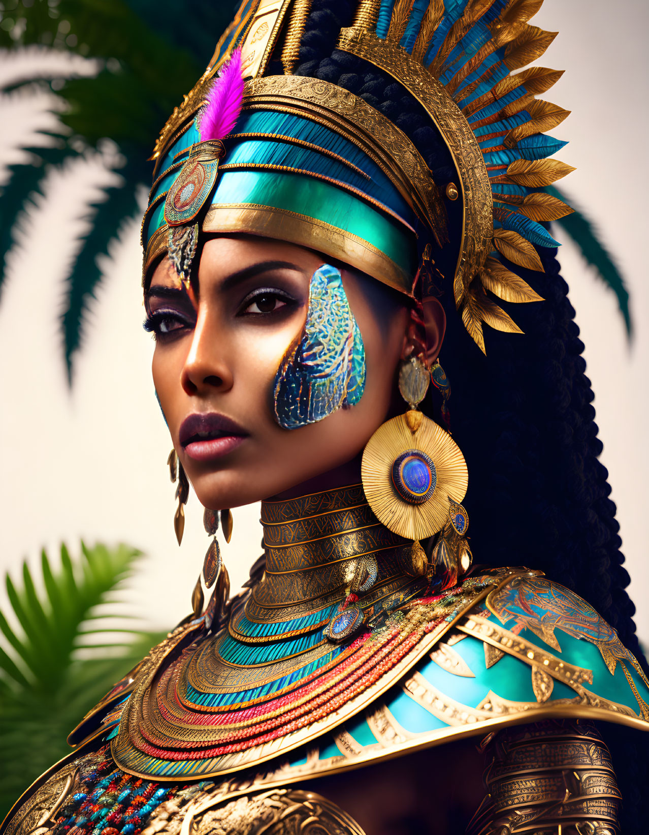 Woman in Ancient Egyptian-style Headgear with Golden and Blue Accents