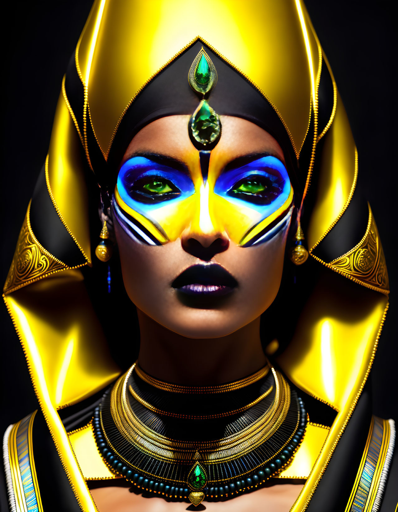 Colorful tribal portrait with gold headgear and face paint