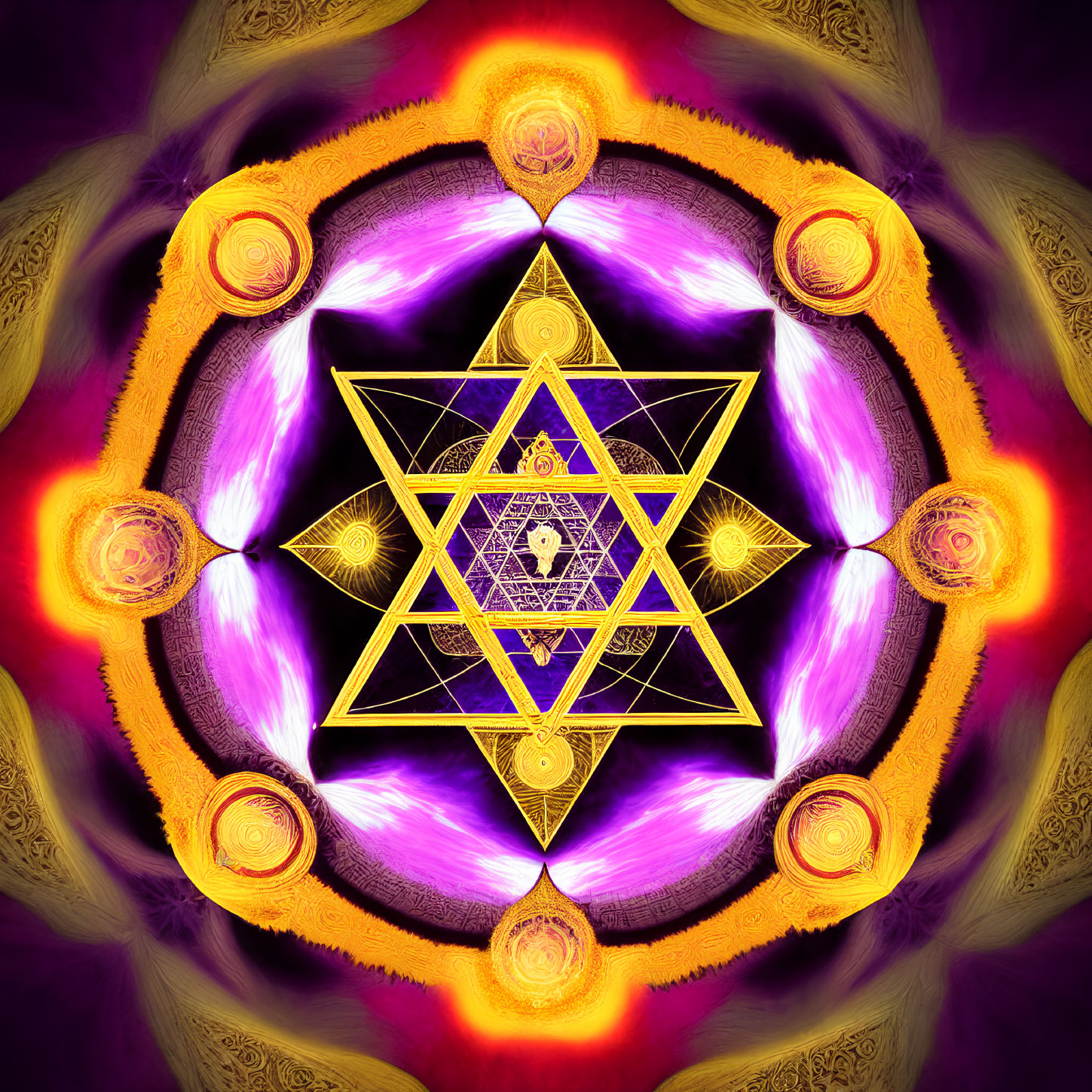 Colorful digital mandala with Star of David and intricate patterns in purple, white, and gold hues