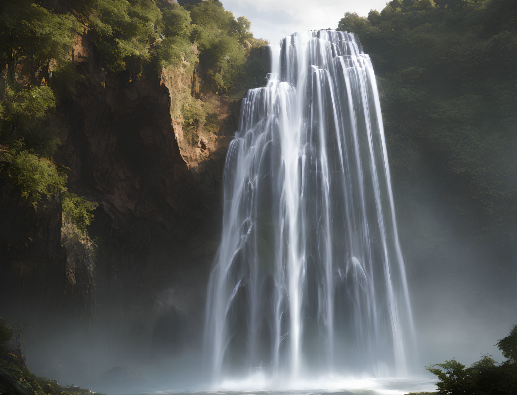 Majestic waterfall cascading down lush cliff